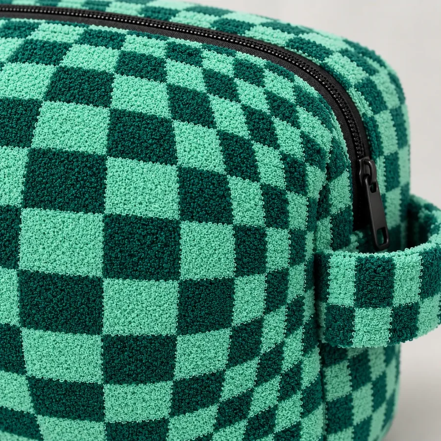 Bulge Box Wash Bag, close-up of the jacquard terry