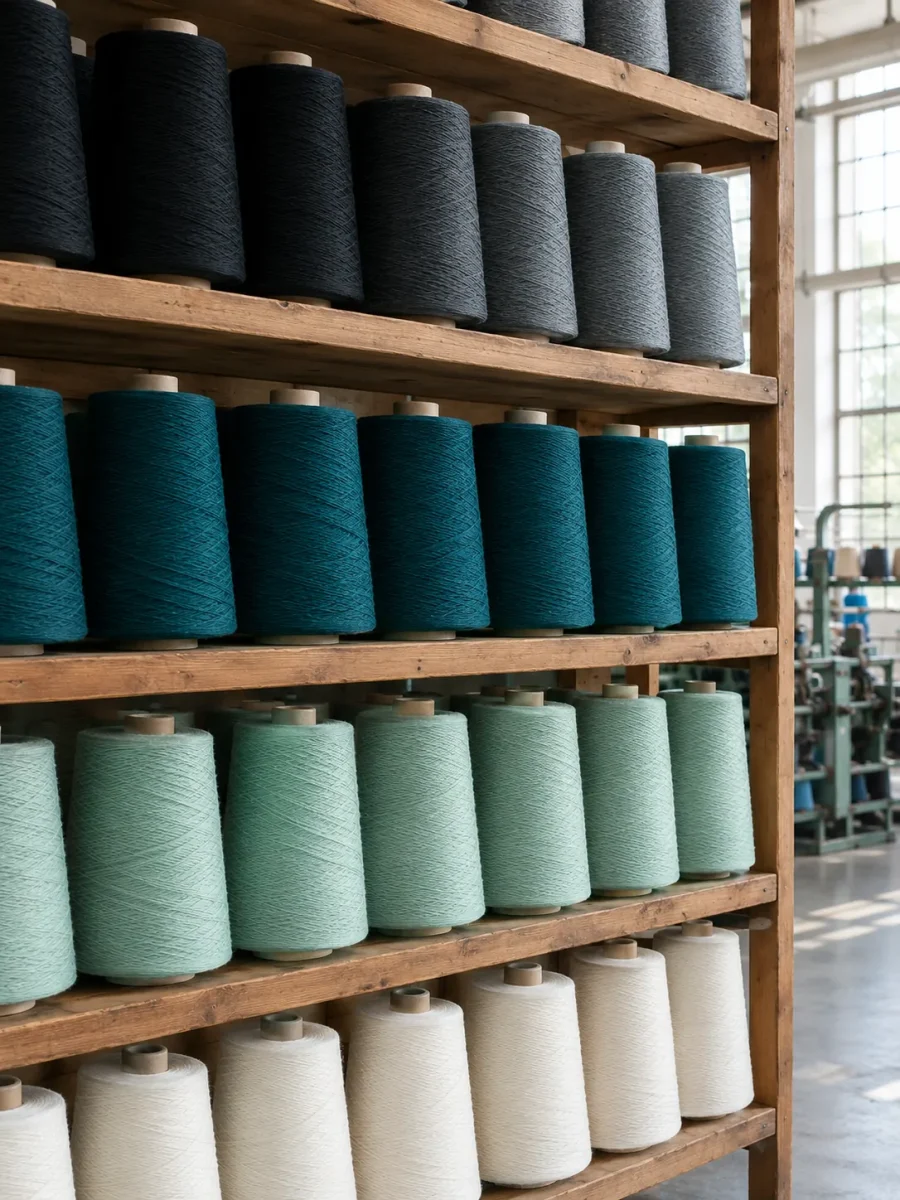 Cones of cotton yarn in jet, graphite, teal, mint and chalk