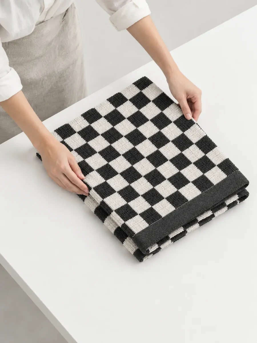 Hands folding a finished towel