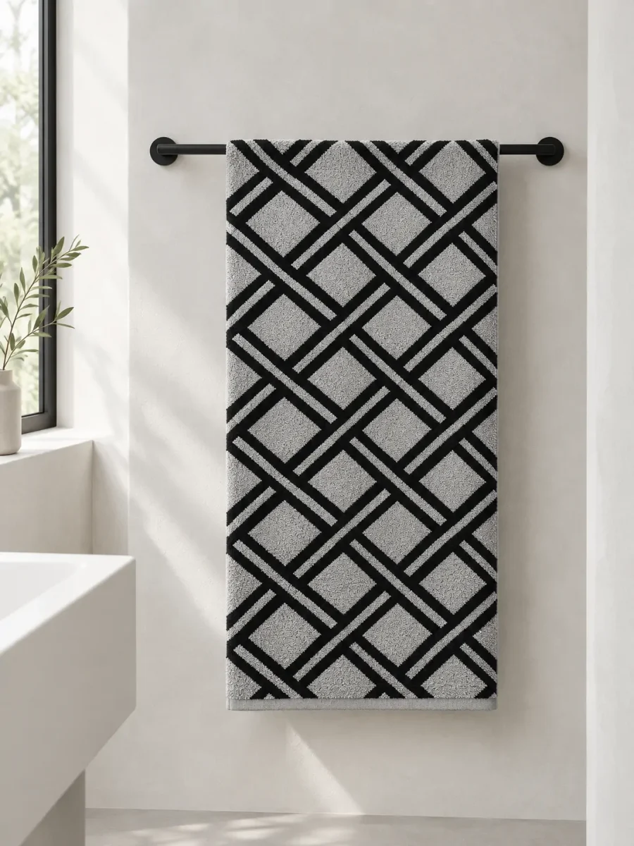 Lattice Bath Towel hanging in a bathroom