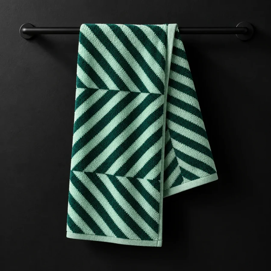 A towel folded back to show the front and the reverse with swapped colours