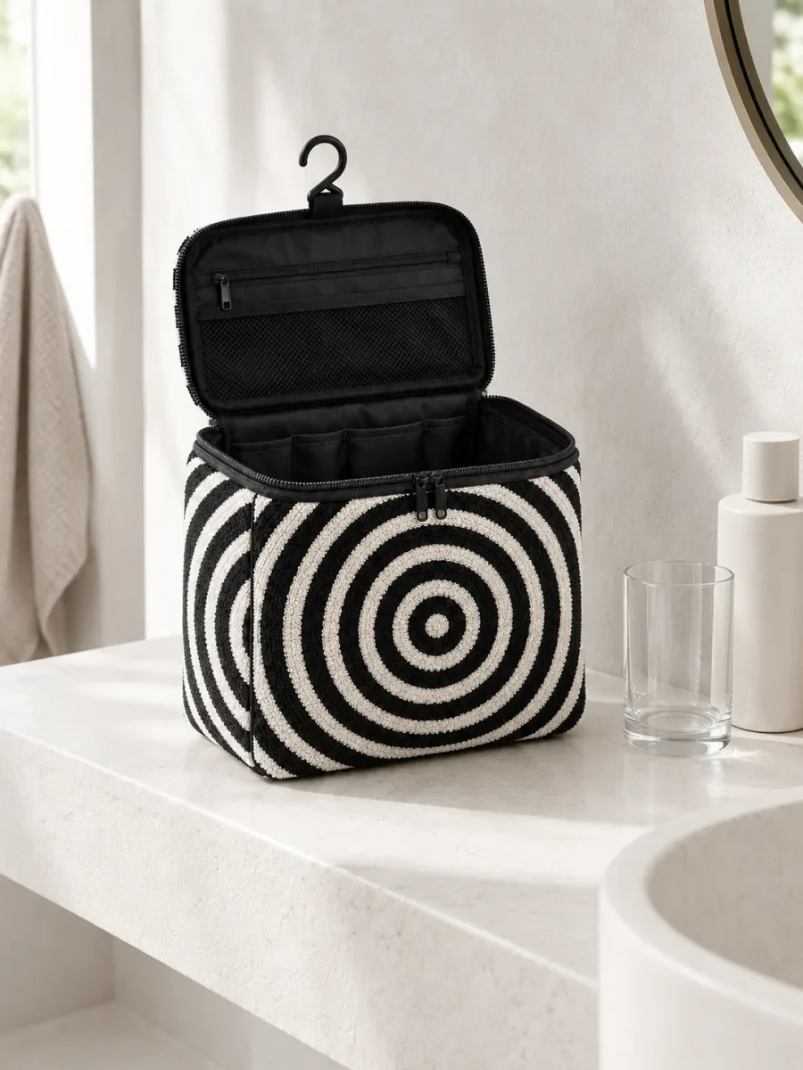 Ring Hanging Wash Bag on a bathroom shelf (other items not included)