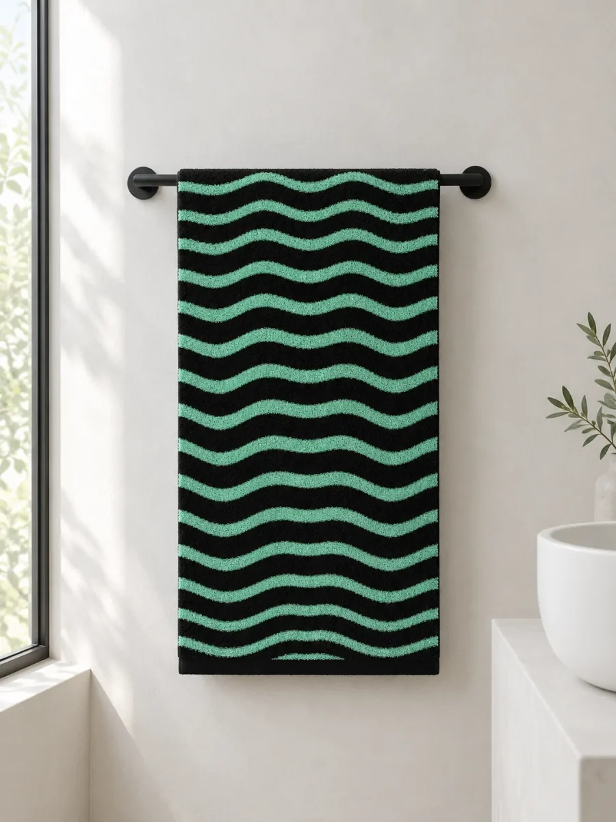 Ripple Bath Towel hanging in a bathroom