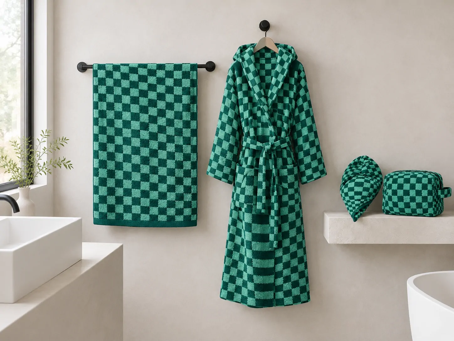 The Bulge bath towel, robe, hair wrap and wash bag together in a bathroom