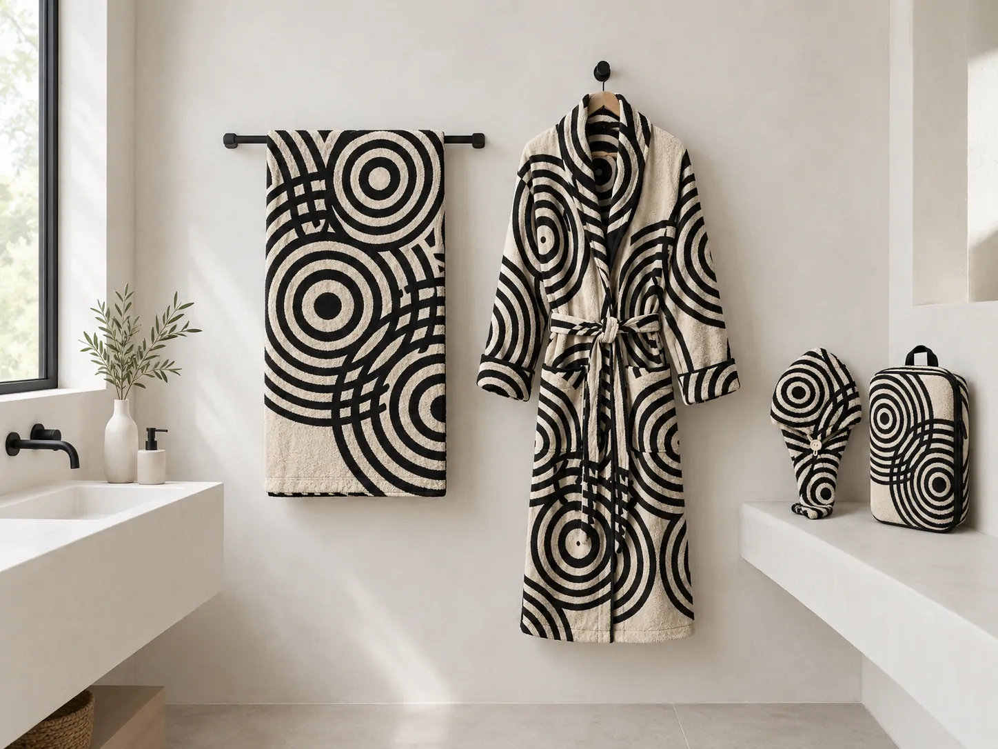 The Echo bath towel, robe, hair wrap and wash bag together in a bathroom