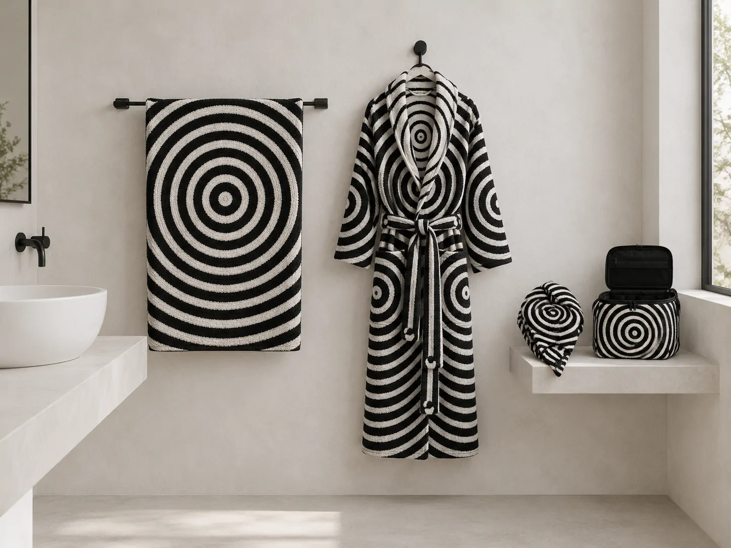 The Ring bath towel, robe, hair wrap and wash bag together in a bathroom