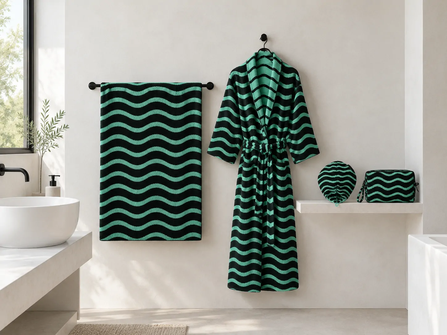 The Ripple bath towel, robe, hair wrap and wash bag together in a bathroom