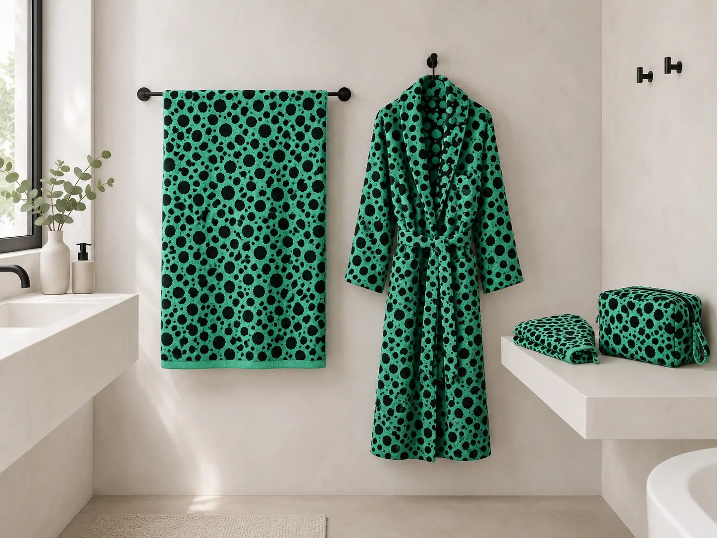 The Shift bath towel, robe, hair wrap and wash bag together in a bathroom