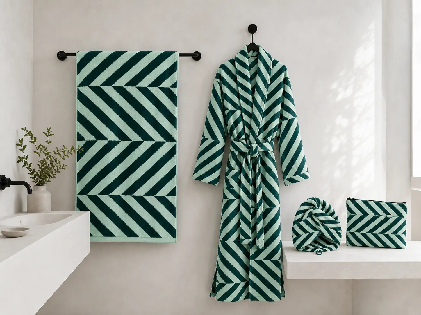 The Twist bath towel, robe, hair wrap and wash bag together in a bathroom