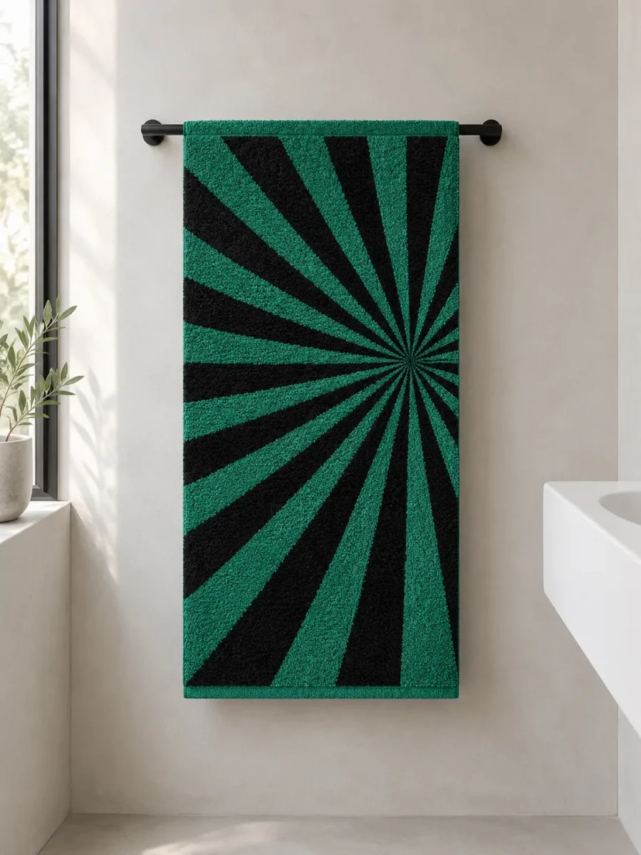 Vortex Bath Towel hanging in a bathroom