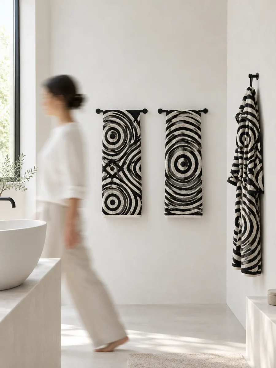 A person walking past two towels on a bathroom wall