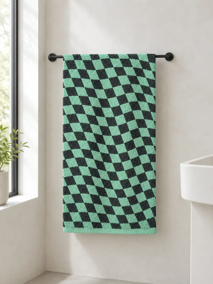 Warp Bath Towel hanging in a bathroom