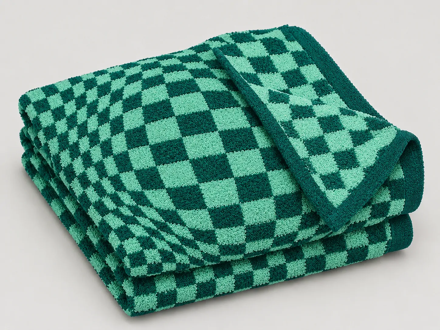 Et sammenfoldet jacquard-håndklæde: forsiden og bagsiden viser det samme mønster med ombyttede farver